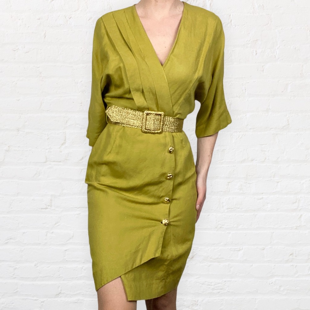 VINTAGE | 1980’s Barbara Barbara Sheen Green Linen Blend Parisian Wrap Dress - Picture 11 of 12